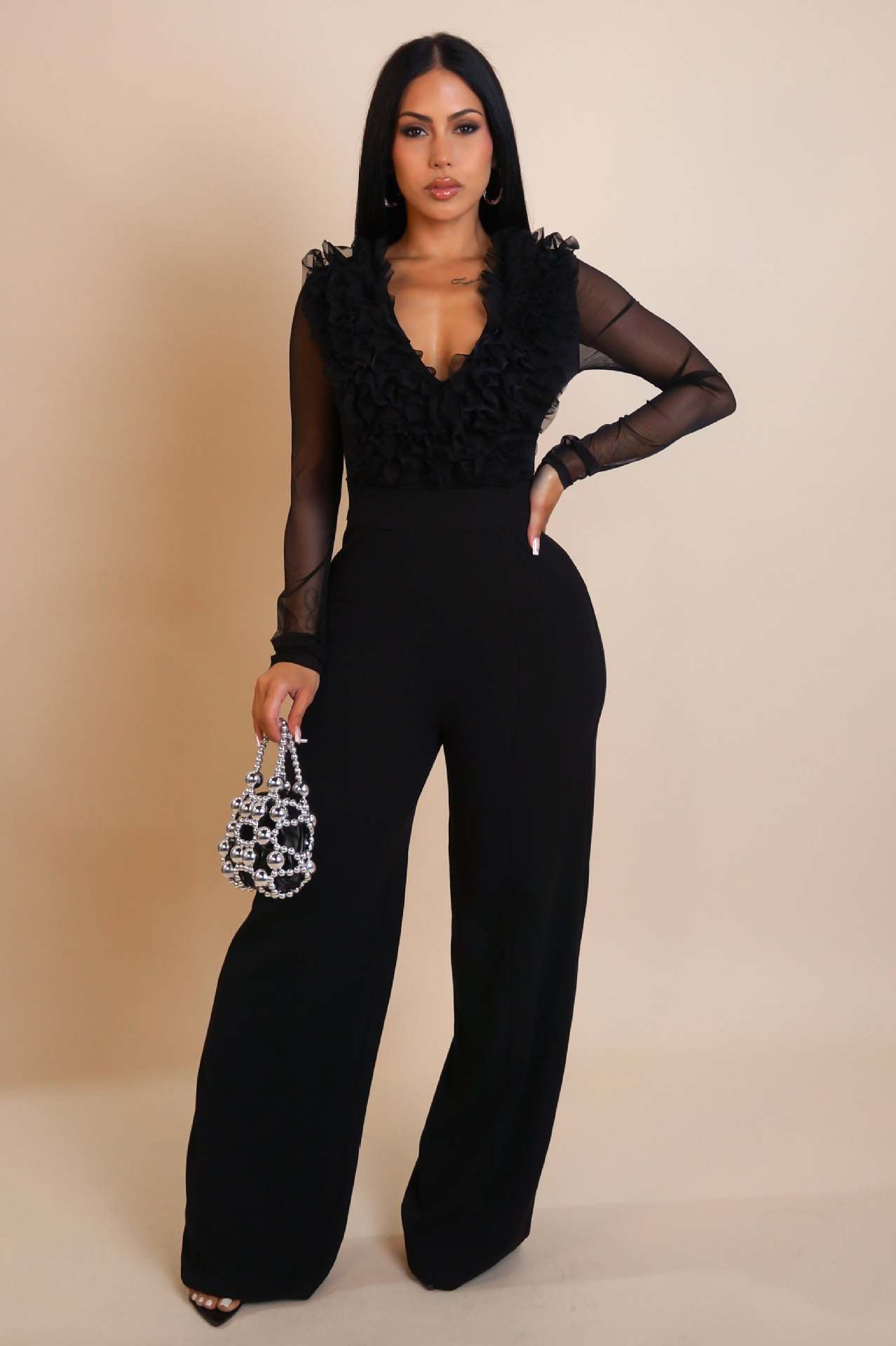 Women's Personalized Line Mesh Stitching Long Sleeves Jumpsuits