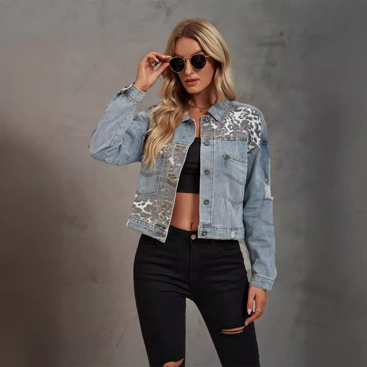 Leopard Print Fashion Stitching Ripped Denim Jackets