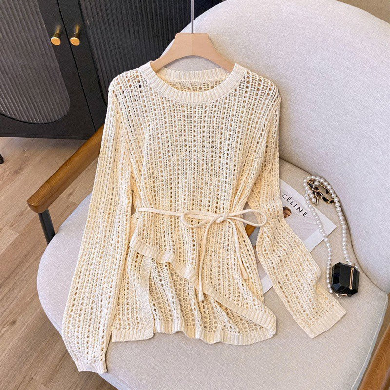 Women's Thin Comfortable Draping Air Conditioning Outerwear Cover-up Round Neck Irregular Sweaters