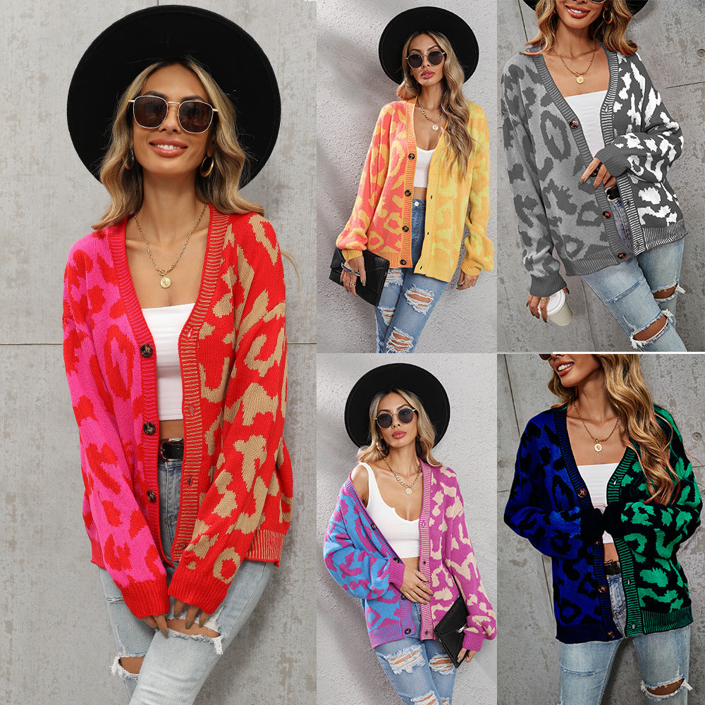 Graceful Comfortable Winter Leopard Splicing Button Women's Sweater