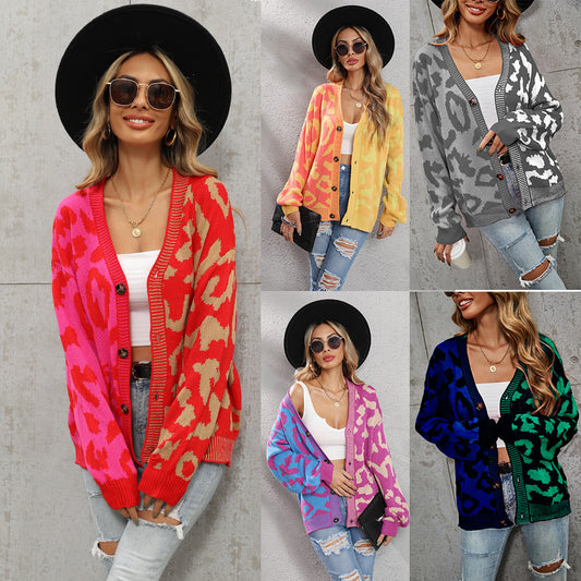 Graceful Comfortable Winter Leopard Splicing Button Women's Sweater