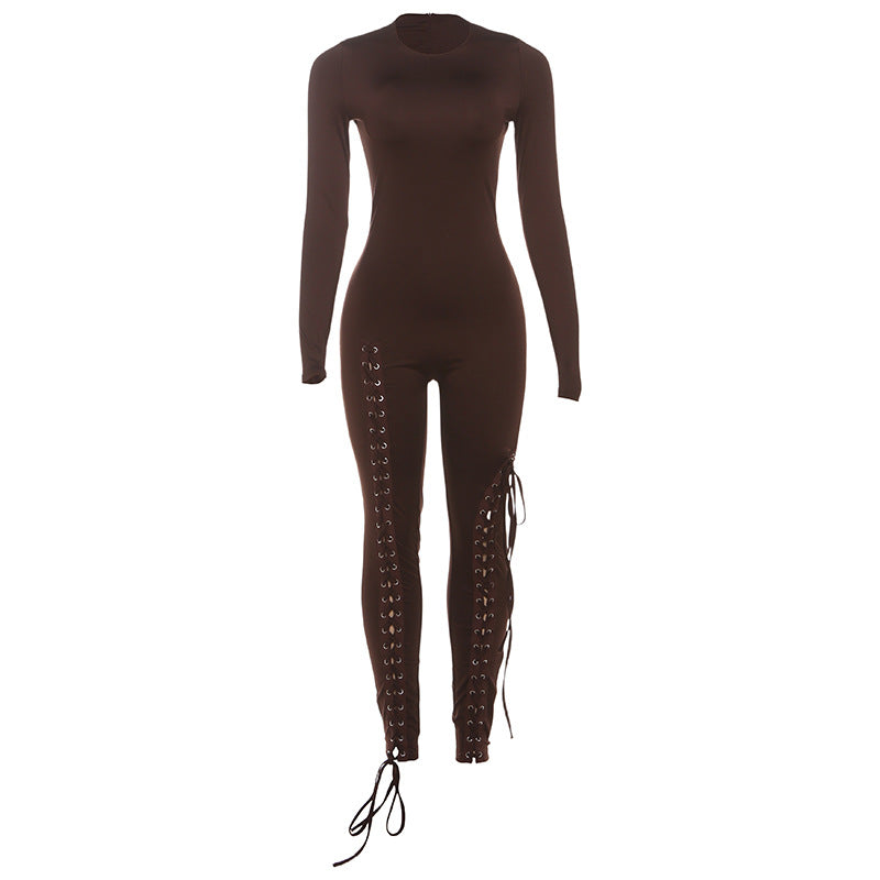 Women's Long-sleeved Fashion Sexy Cutout Bandage Skinny Jumpsuits