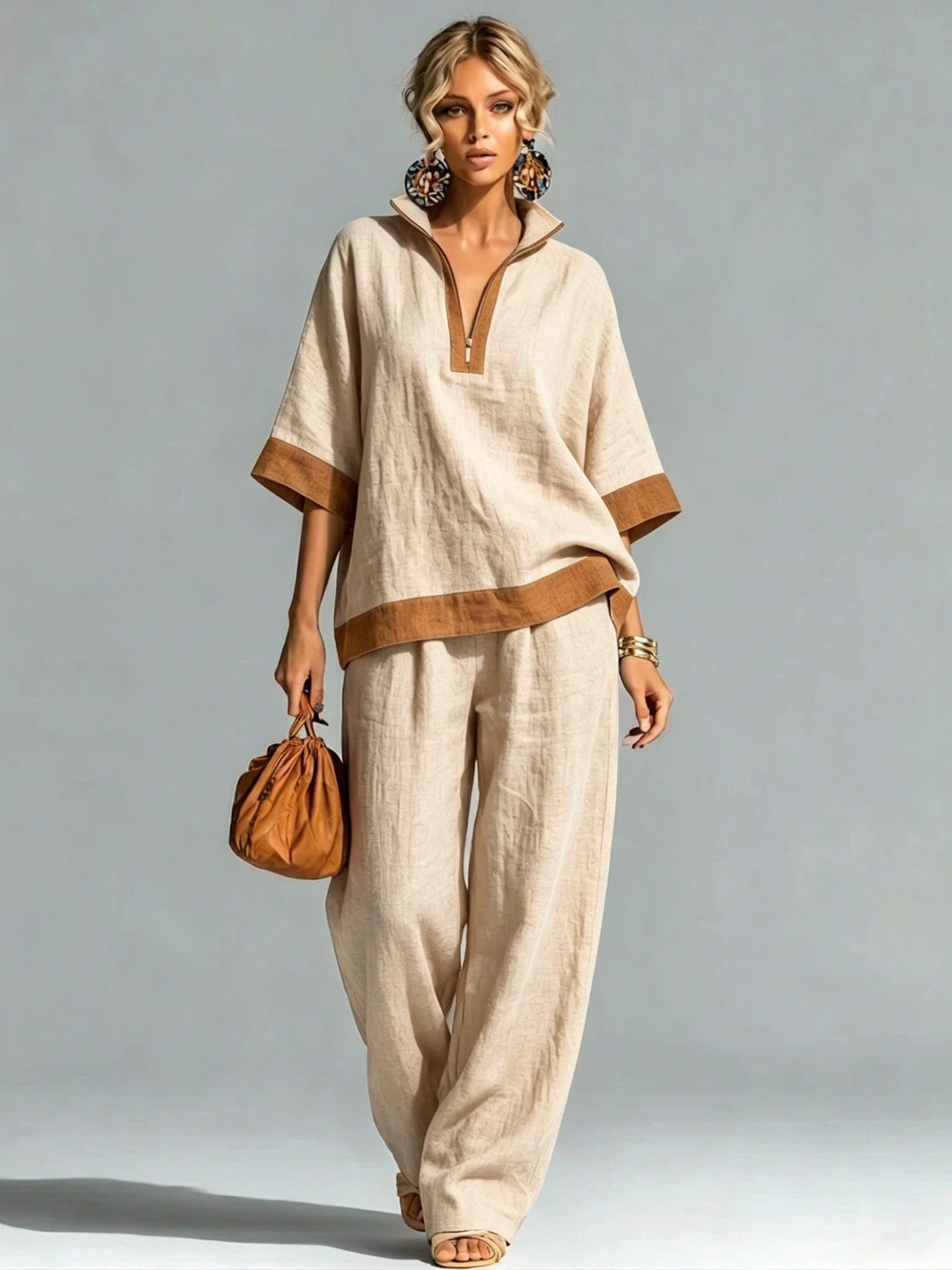 Women's Color Half Zipper Cotton Linen Half-sleeve Fashion Casual Suit