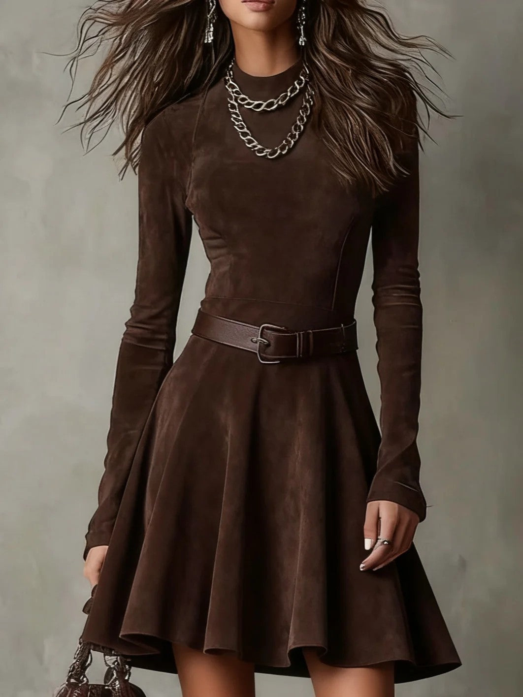 Solid Color Long Sleeve Round Neck Dresses