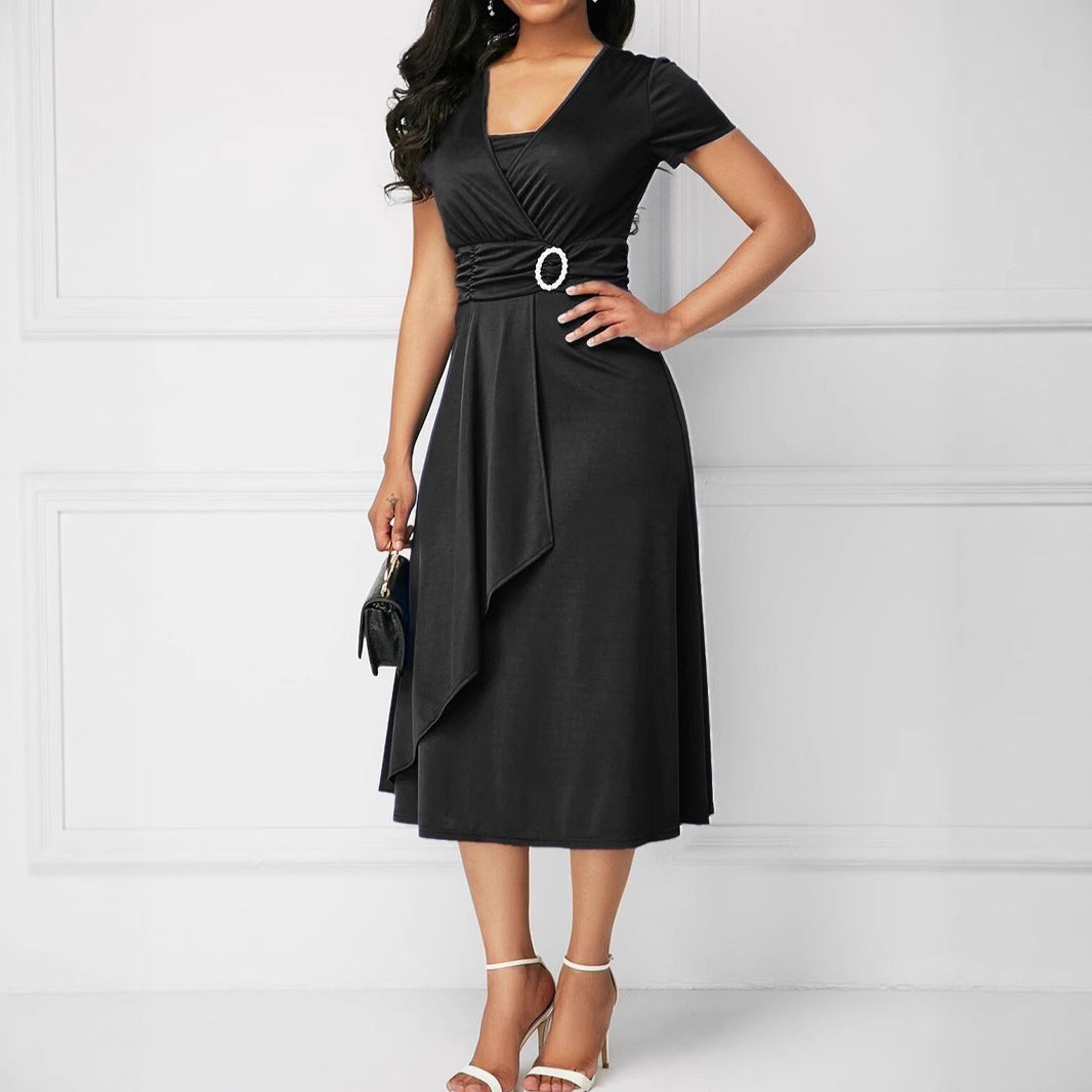 Women's Ladies Elegant Sexy Asymmetric Large Swing High Waist Mid-length Solid Dress