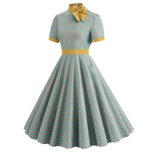 Hepburn Style Retro Stand Collar Contrast Color Sleeve Dresses
