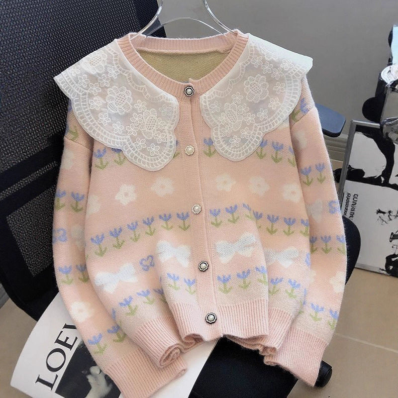 Women's Korean Patchwork Lace Peter Pan Collar Younger Fashion Loose Sweater