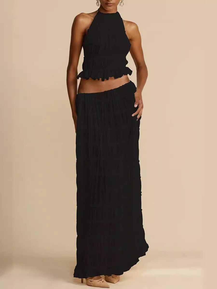 Summer Sexy Backless Halter Pleated Lace Suits