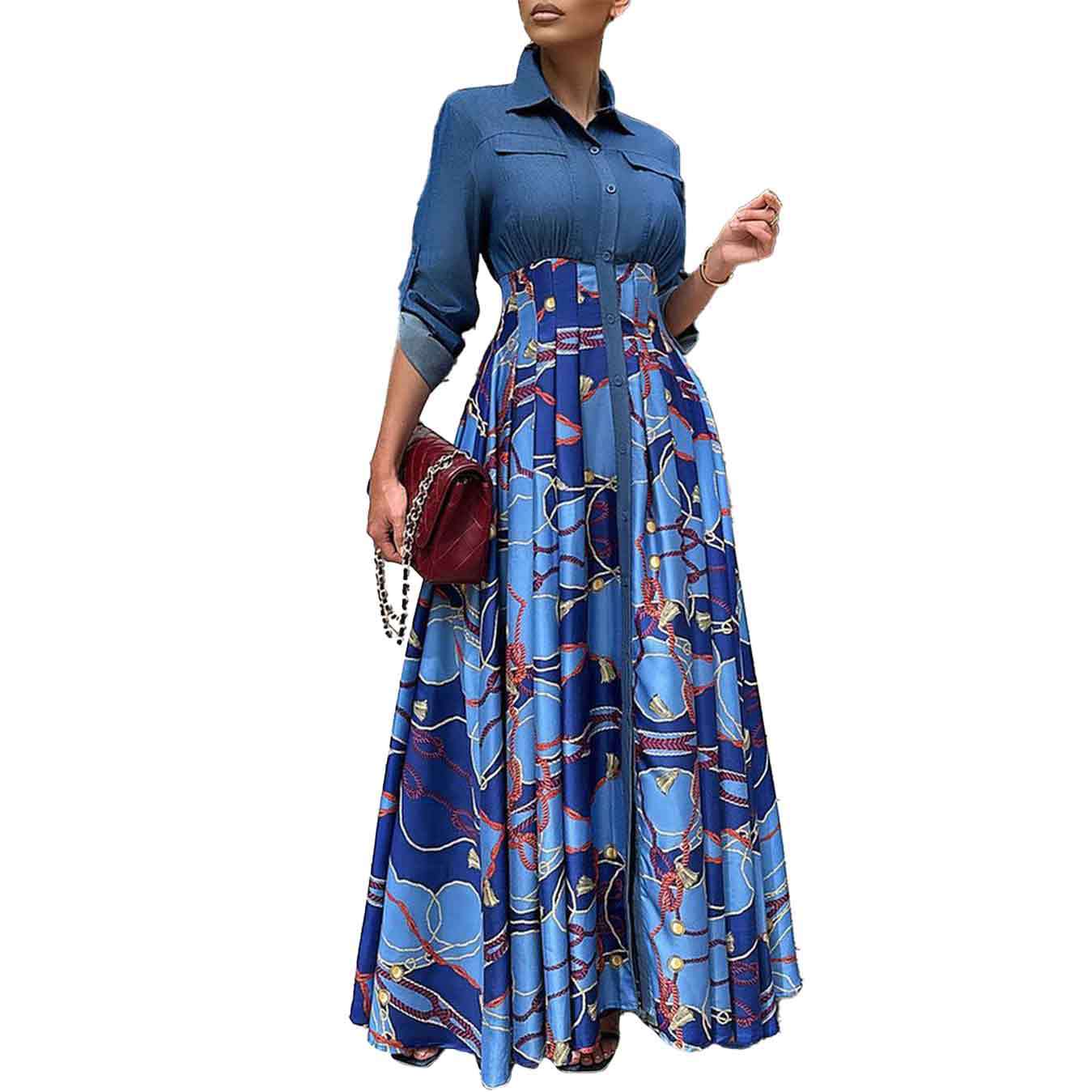 Women's Fashion Casual Denim Stitching Printing Long Dresses