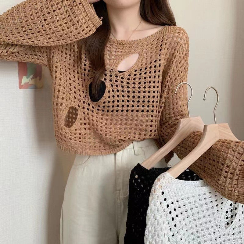 Women's Design High-grade Summer Hot Slimming Cutout Long Sleeve Ripped Women's Sweater