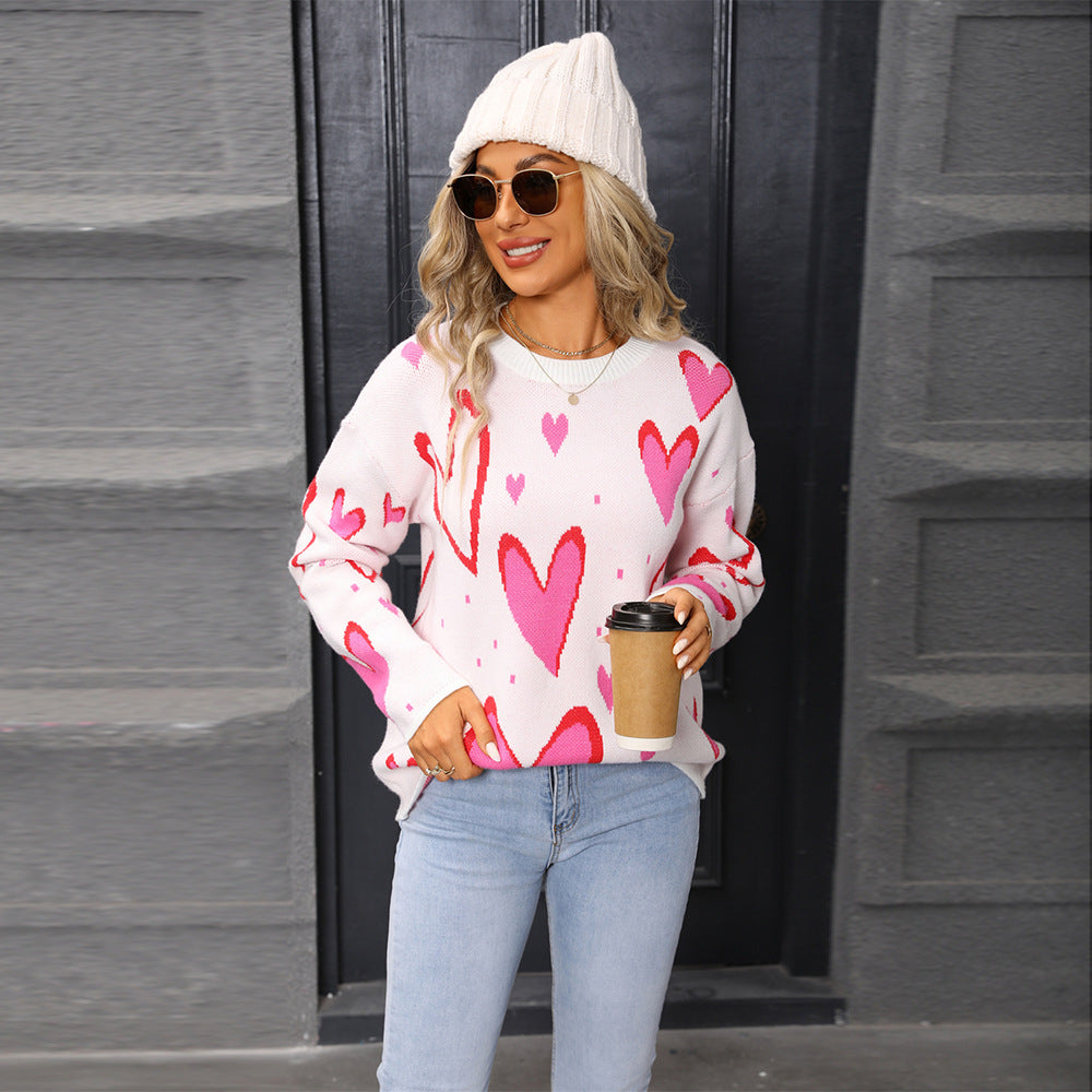 Women's Love Pullover Loose Round Neck Long Sweater