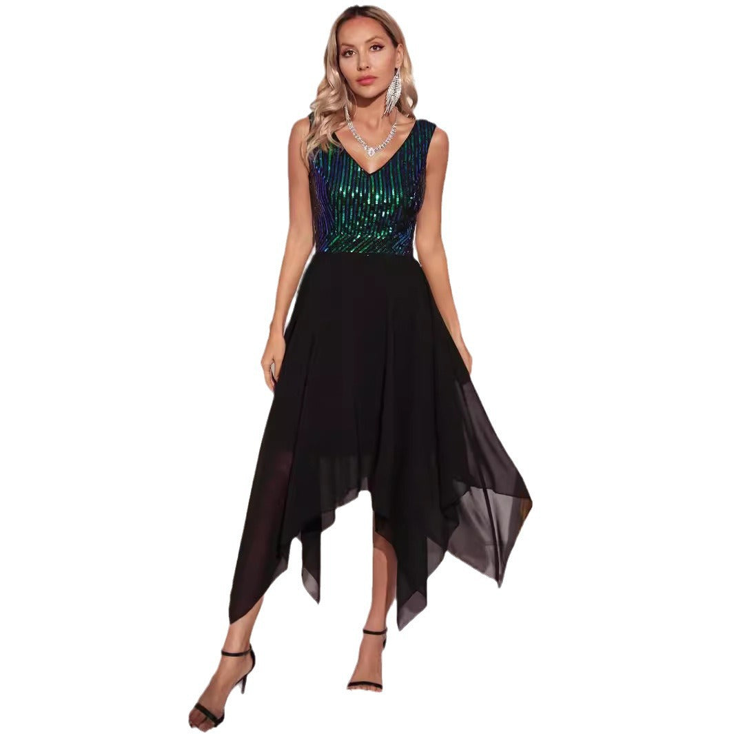 Women's Sexy Retro Chiffon Stitching Green Sequins Dresses