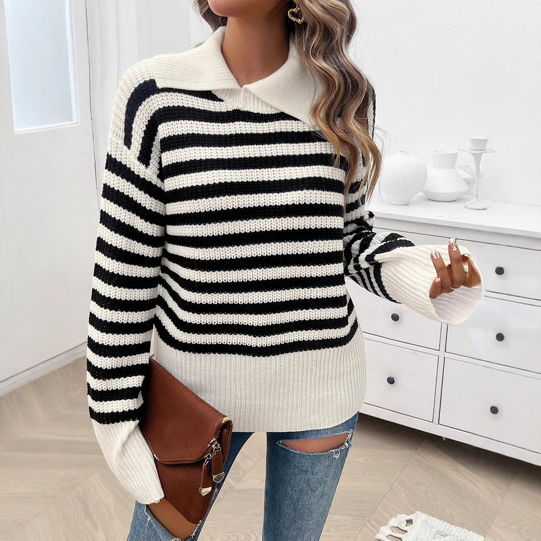 Women's Casual Simple Style Striped Lapel Sweaters