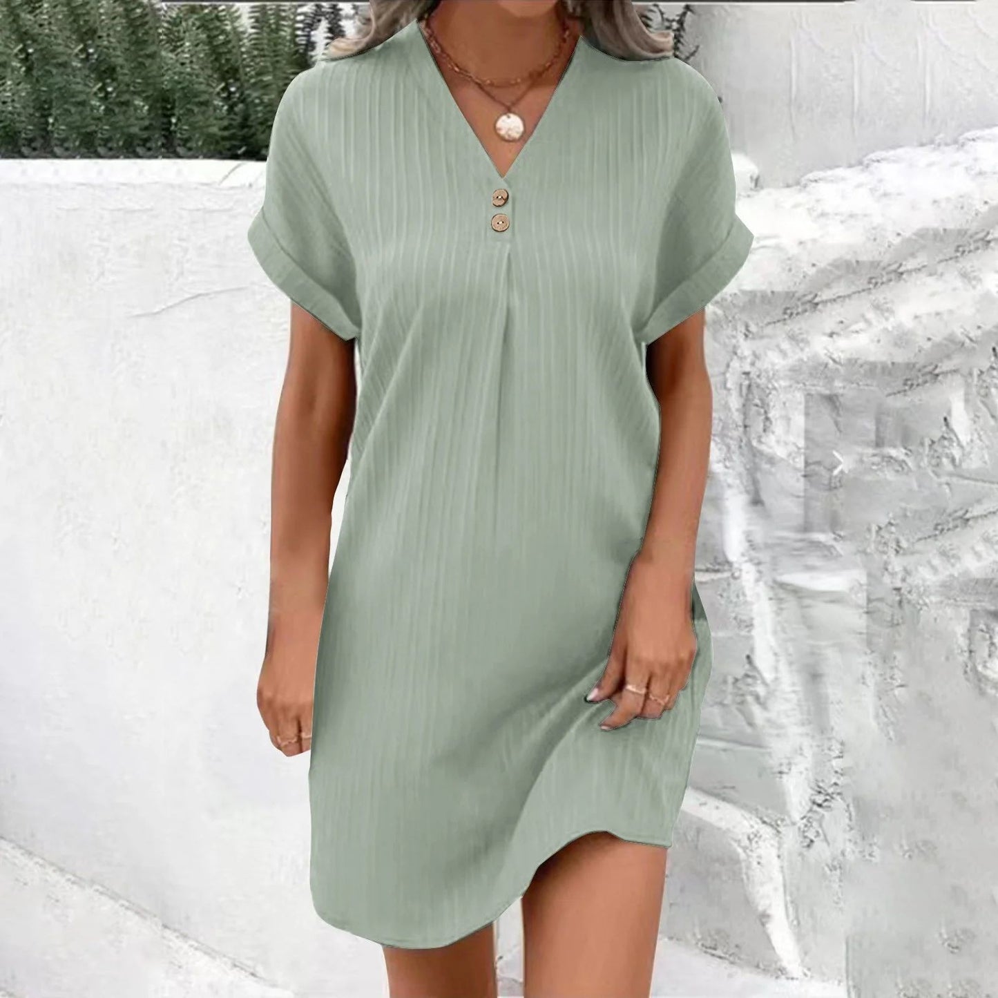 Women's Solid Color Pullover Comfort Casual Button Dress