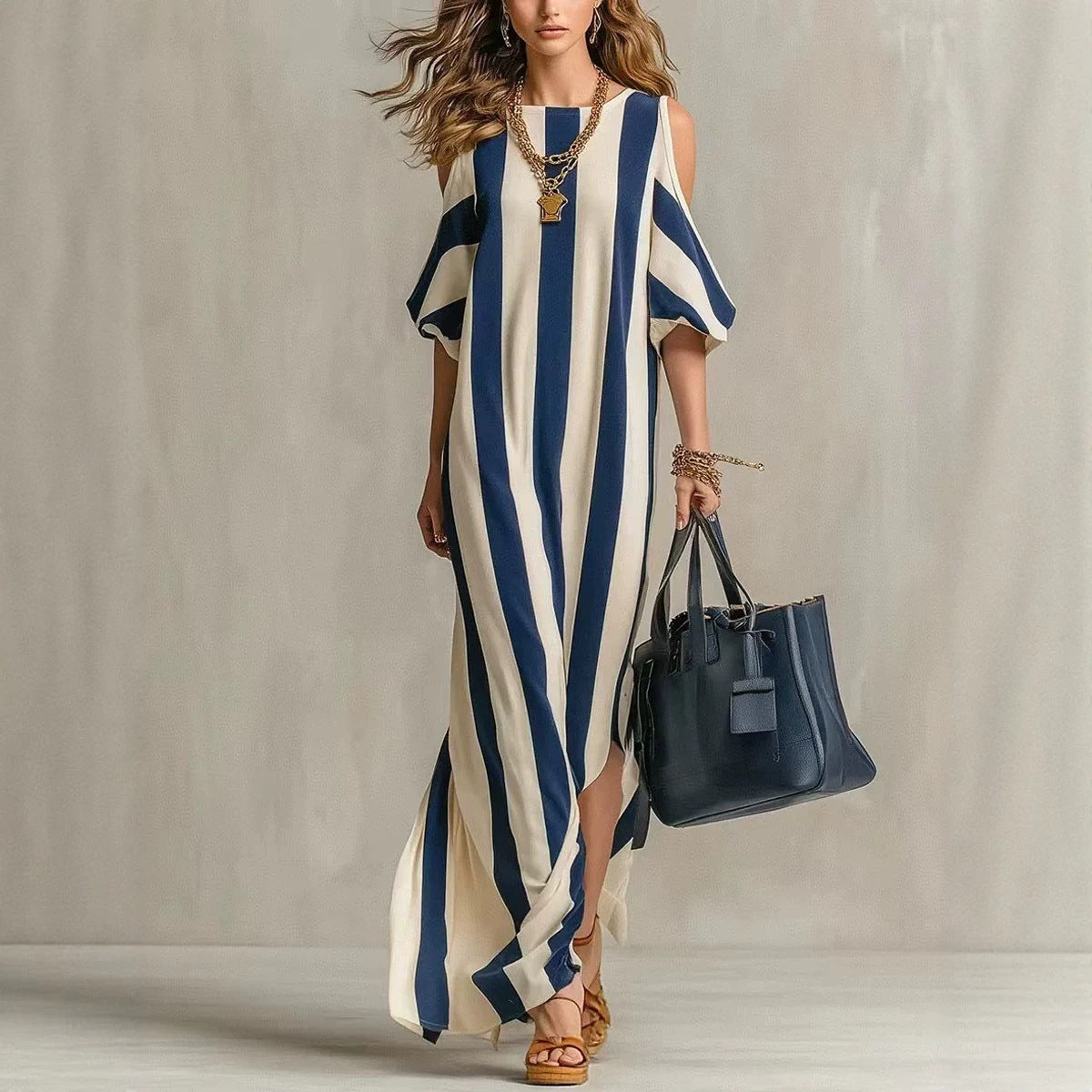 Shoulder Digging Loose Slimming Slit Holiday Long Style With Medium Dress