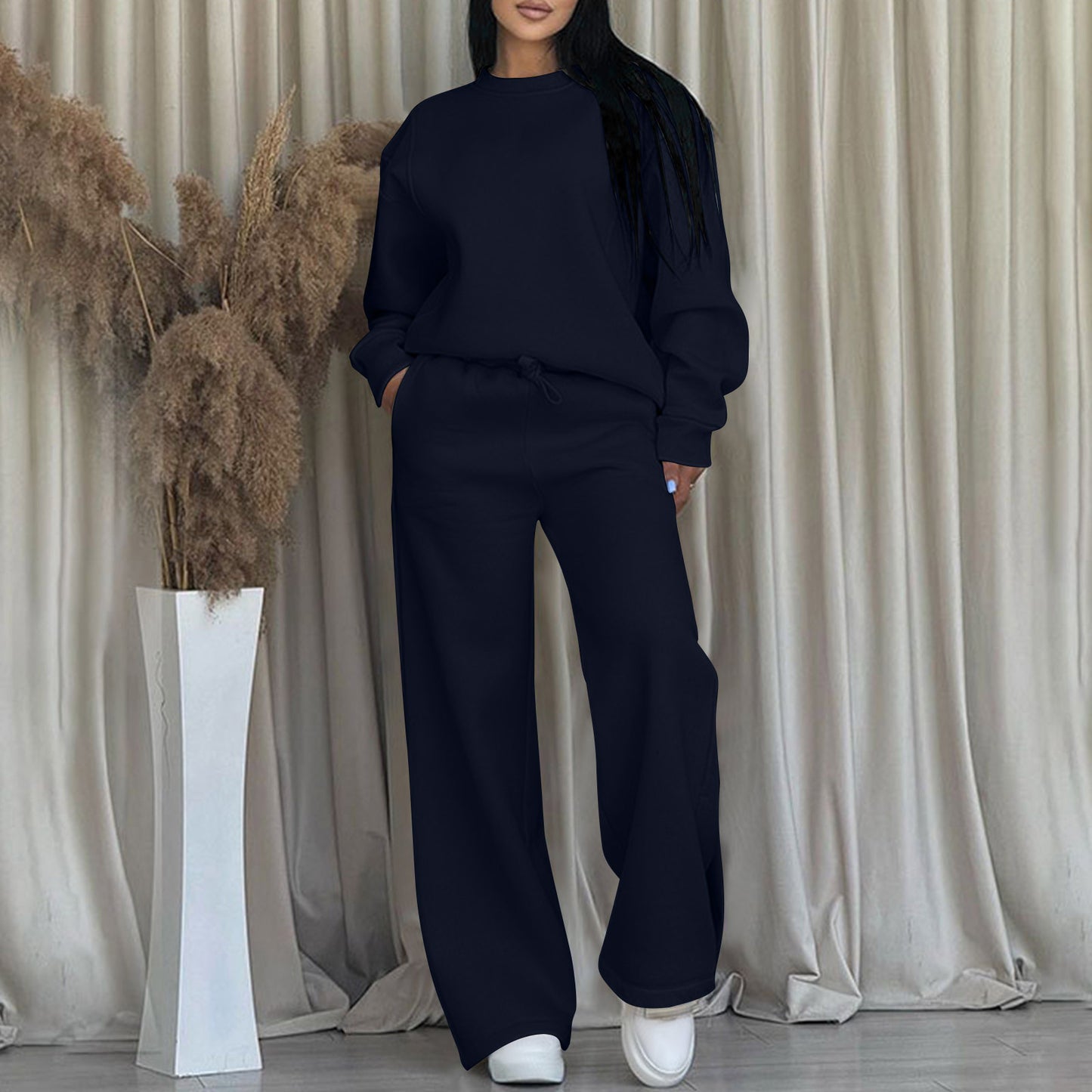 Women's Two-piece Set Long Sleeve Ribbed Patchwork Wide Leg Fashion Casual Suit