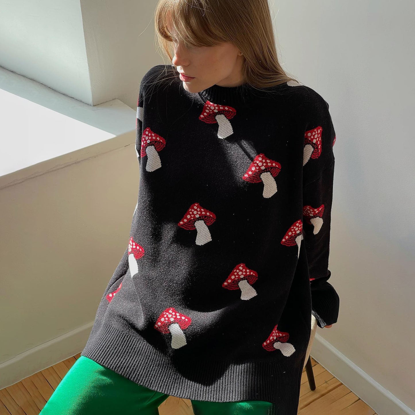 Women's Mushroom Print Contrast Color Pullover Female Sweaters