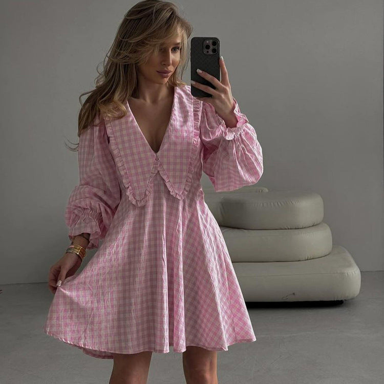 Women's Line Dress Pink Plaid Butterfly Collar Dresses