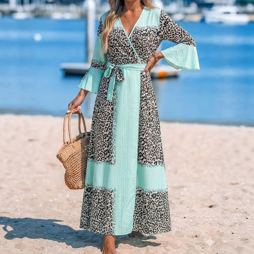 Print Striped Patchwork Wrap Bell Sleeve Temperament Dress