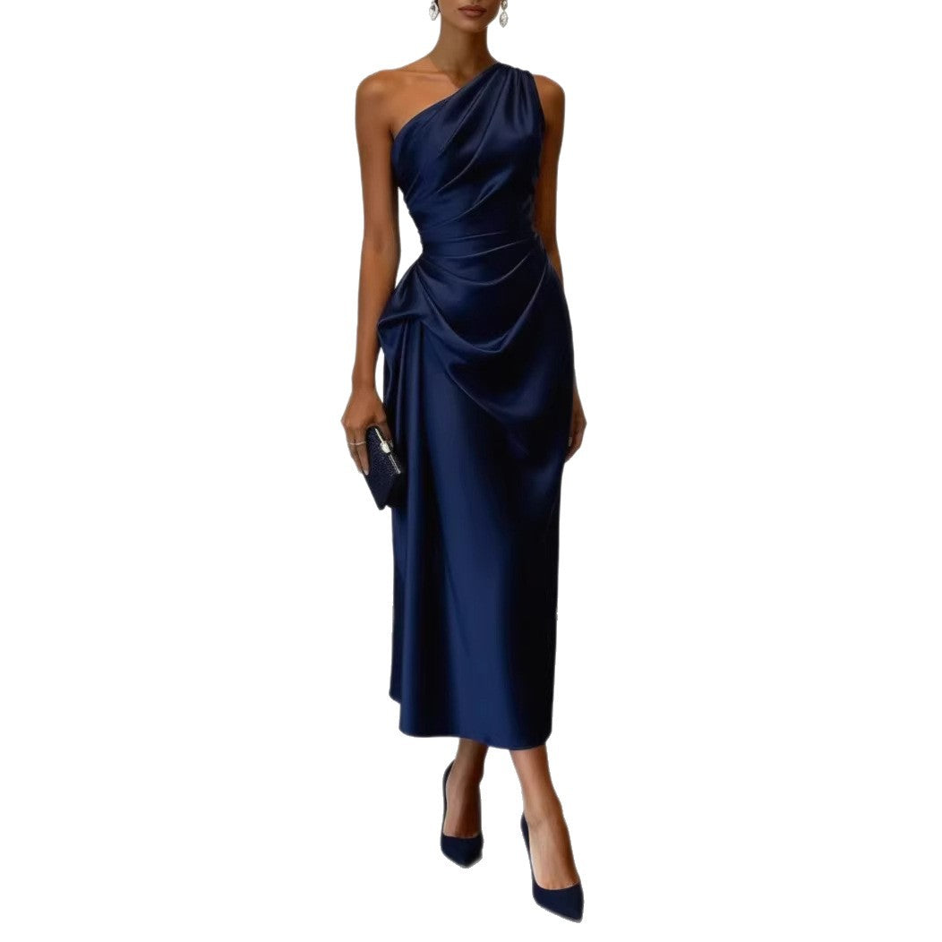Women's Outer High-grade Satin Pleated Waist Tight Shoulder Dress