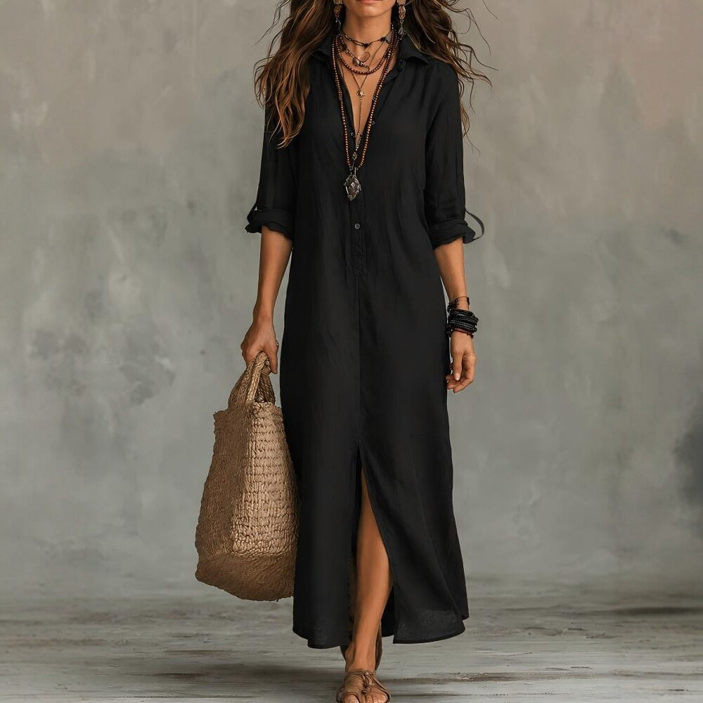Loose Solid Color Polo Collar Front Rear Dress