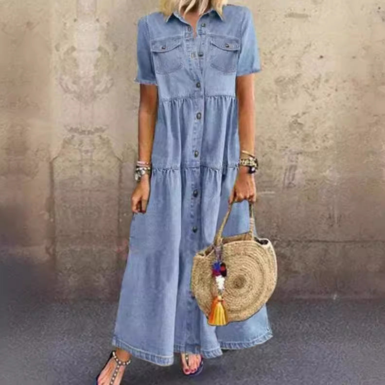 Elegant Denim Style Long Distressed Dress Dresses