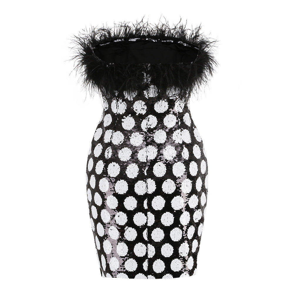 Polka Dot Color Contrast Patchwork Ostrich Feather Spaghetti Straps Shorts