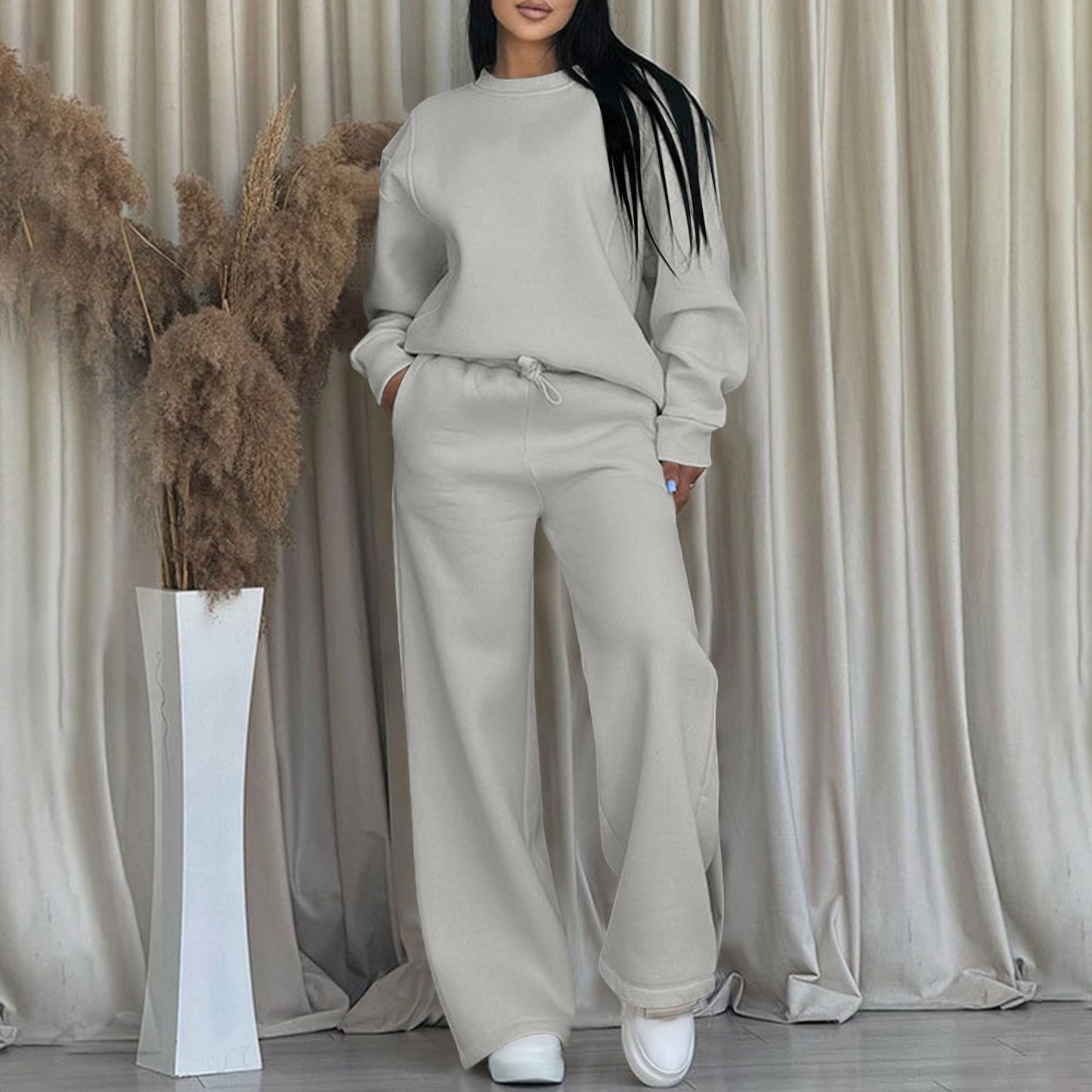 Women's Two-piece Set Long Sleeve Ribbed Patchwork Wide Leg Fashion Casual Suit