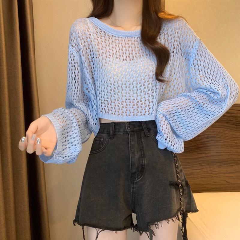 Women's Cutout Summer Tulle Mesh Candy Color Sweet Round Women's Sweater
