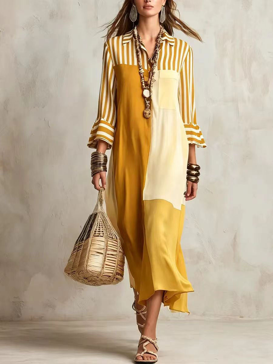 Fashion Elegant Graceful Striped Cropped Sleeve Dress