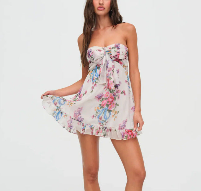 French Style Printed Translucent Floral Strapless Skirts