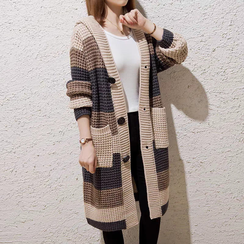Women's Idle Style Loose Coarse Yarn Mid-length Hooded Thick Needle Knitted Women's Sweater