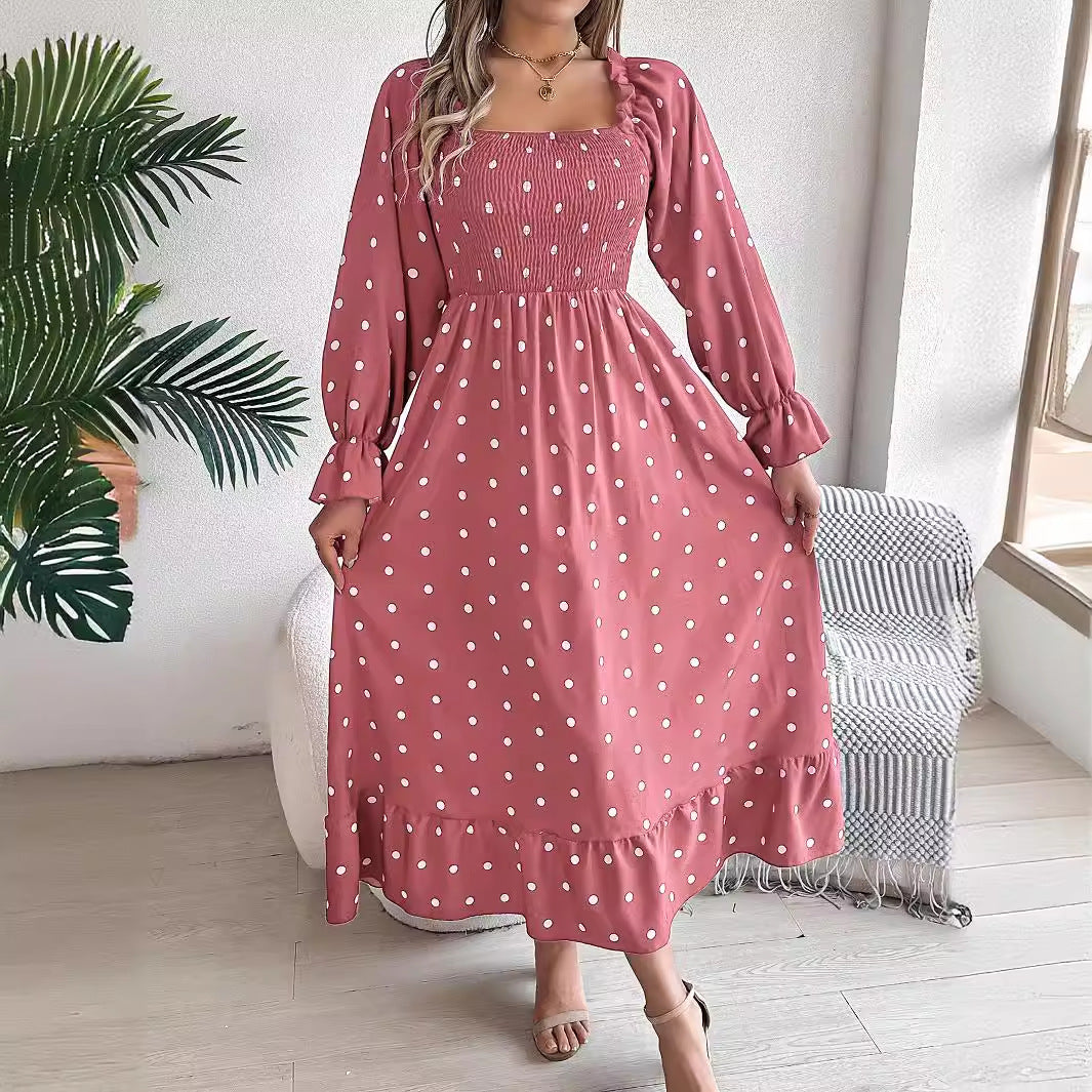 Women's Casual Wooden Ear Square Collar Polka Dot Large Dress