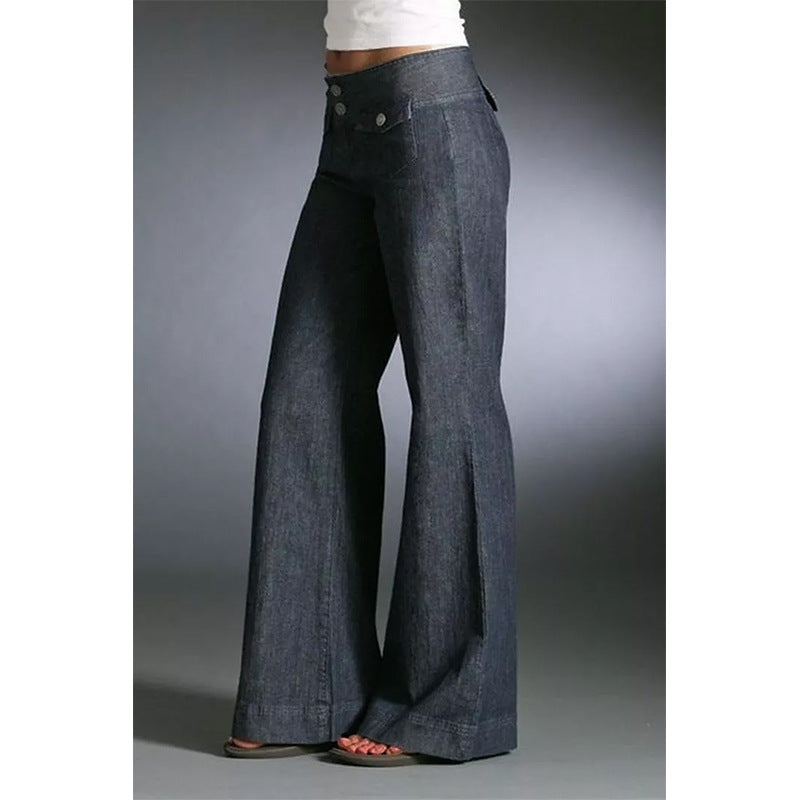 Single Front Pocket Button High Wide Leg Jeans
