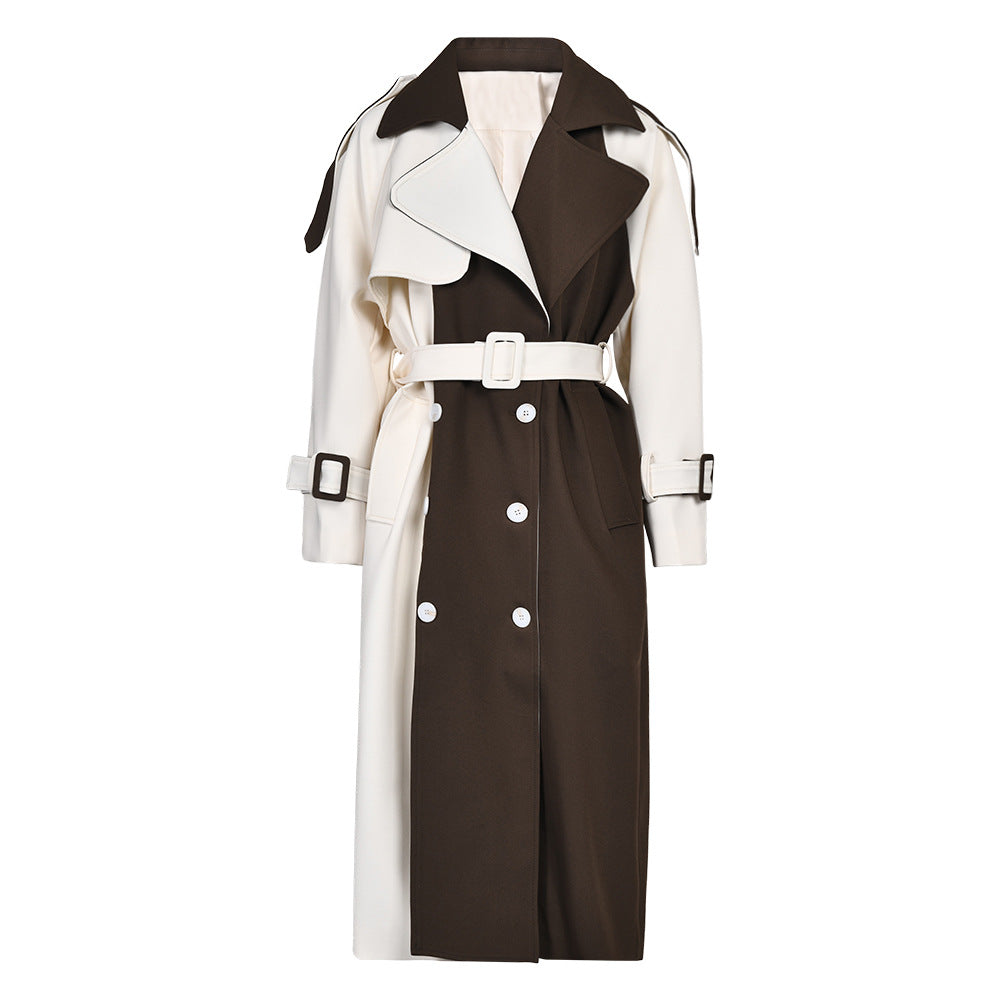 Women's Korean Style Temperament Leisure Long Trench Autumn Stitching Contrast Coats