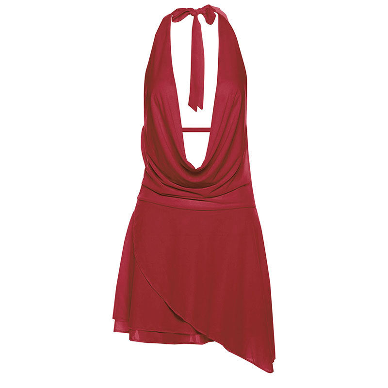 Women's Color Halter Deep Backless Sexy Irregular Dresses
