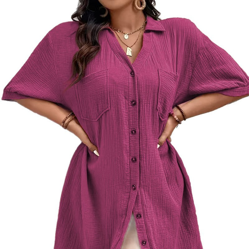 Cotton Linen Lapel With Buttons Solid Dress