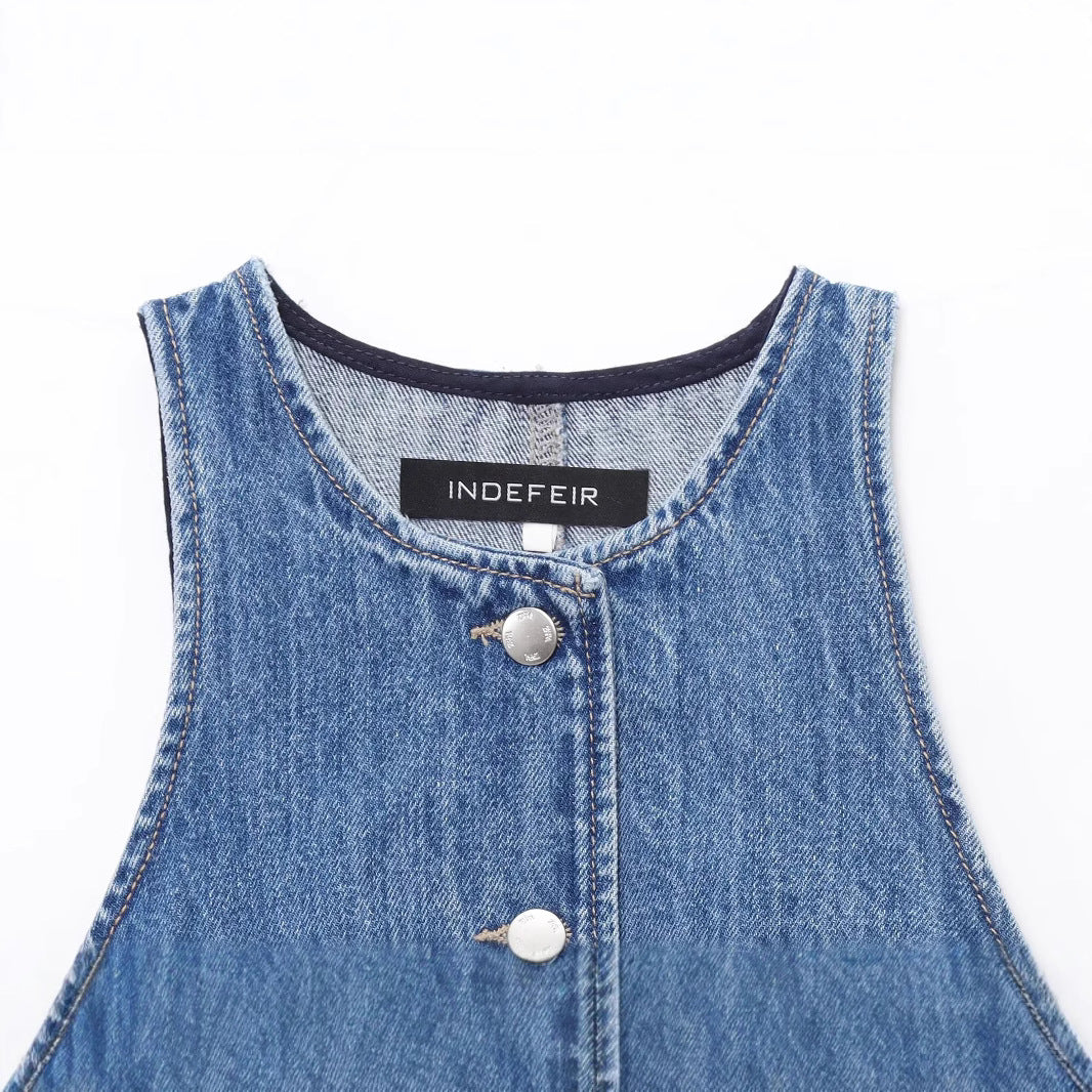 Women's Fashion Temperament Denim Round Neck Sleeveless Shorts