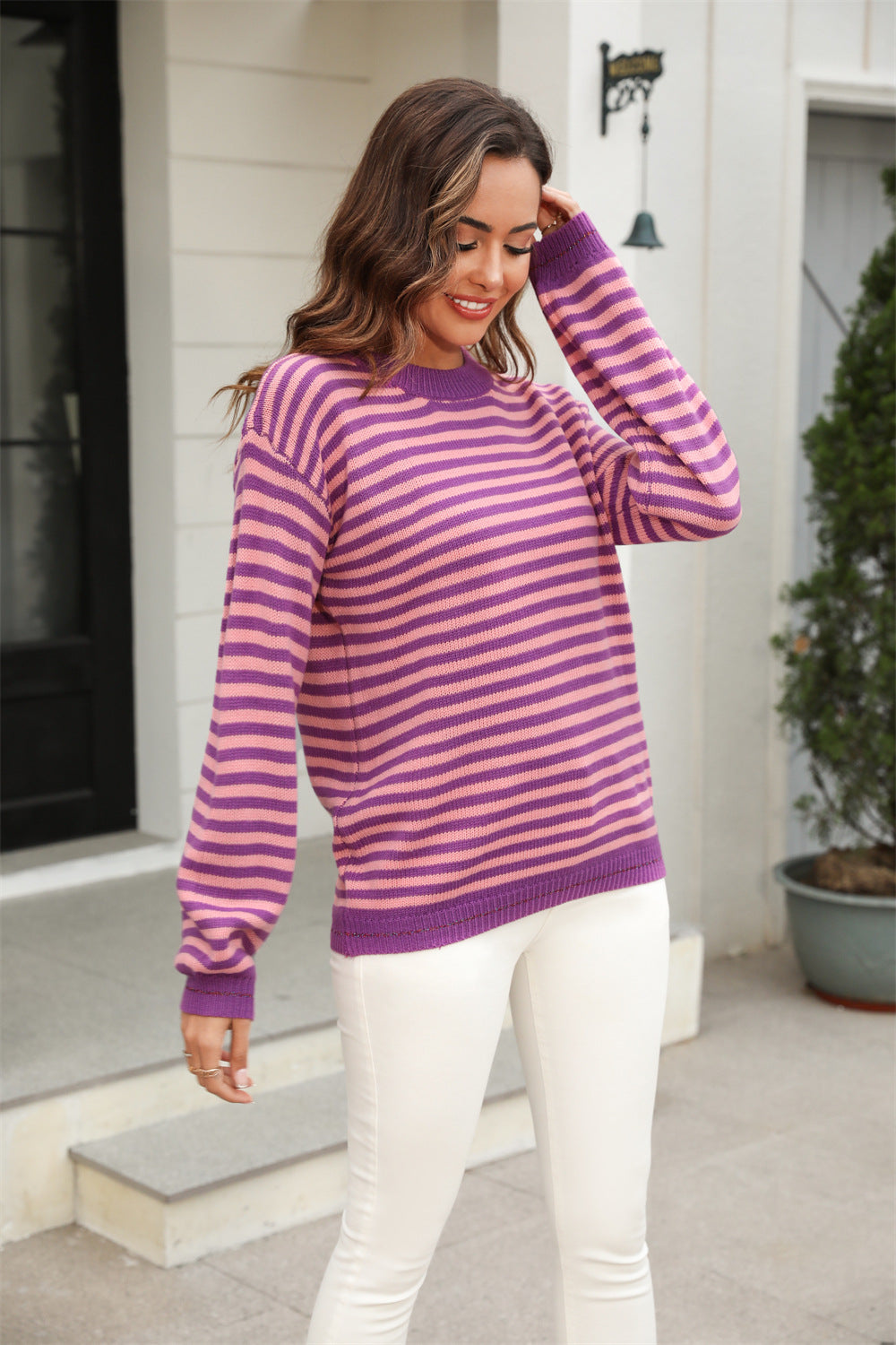 Women's Spring Clothes Stripes Contrast Color Long Knitwear