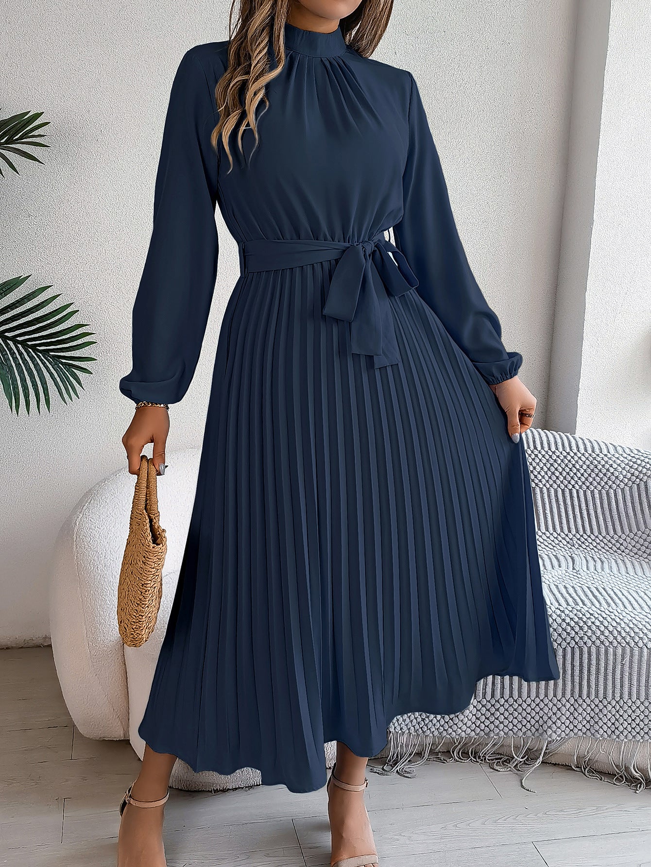 Women's Stand Collar Long Sleeve Cinched Pleated Clothing