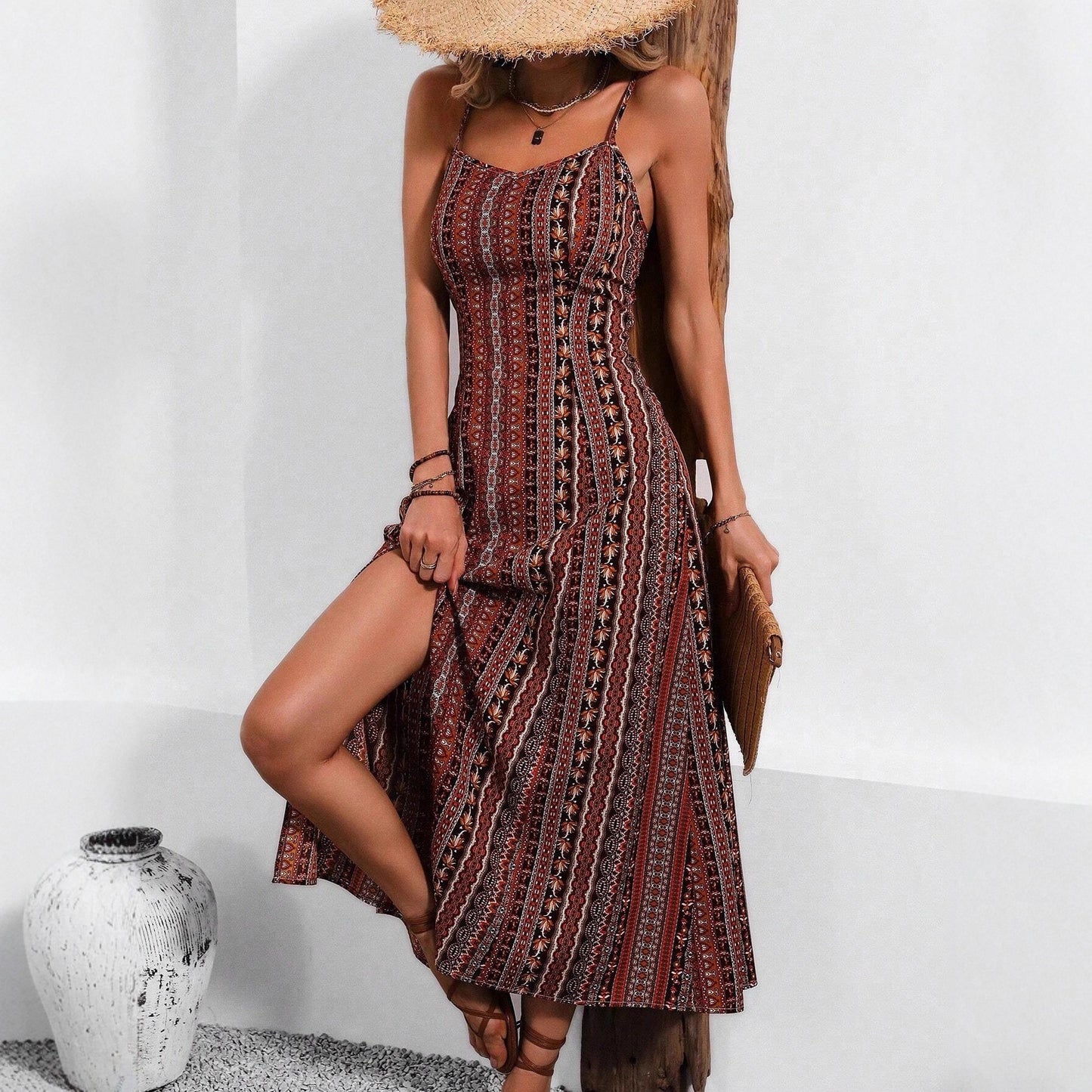 Women's Long Strap Slim Fit Slimming Slit Dress