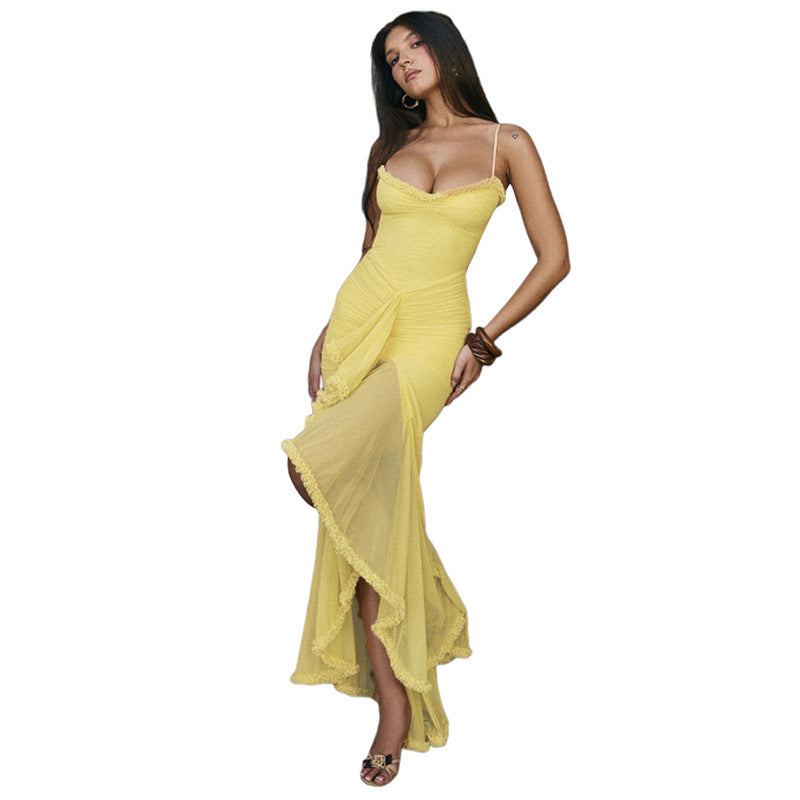 Women's Backless Mesh Suspender Dress Solid Color Dresses