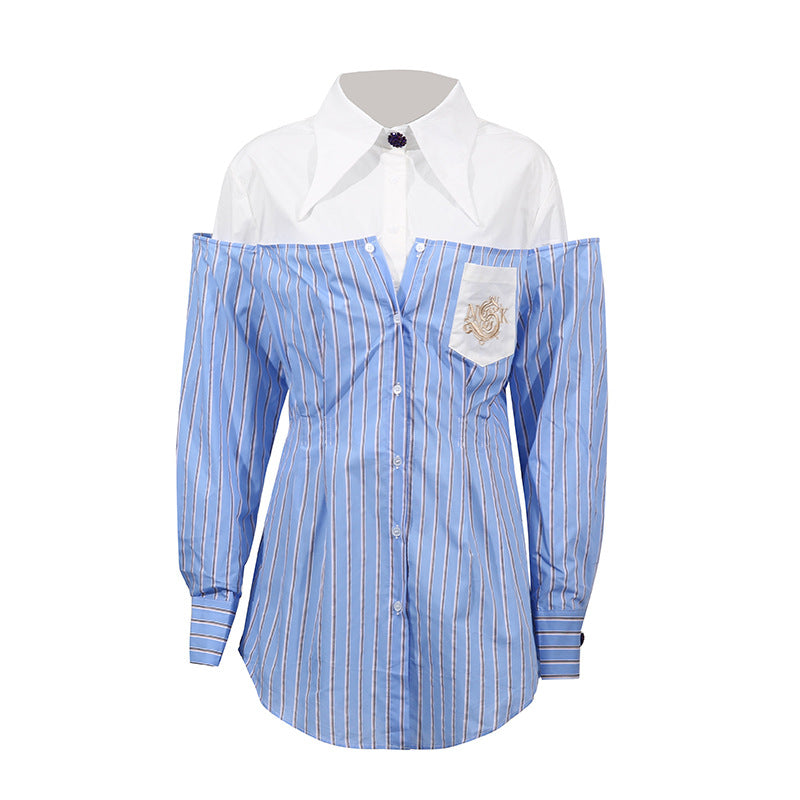 Women's Design Long Sleeve Striped Stitching Fake Two-piece Blouses