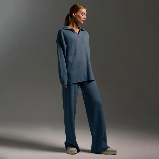 Collar Knitted Pullover Wide Leg Trousers Suits
