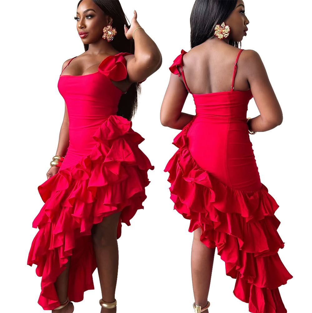Women's Solid Color Strap Irregular Ruffled Dress Dresses