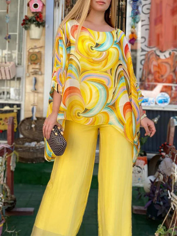 Women's Summer Colorful Chiffon Casual Round Neck Suits