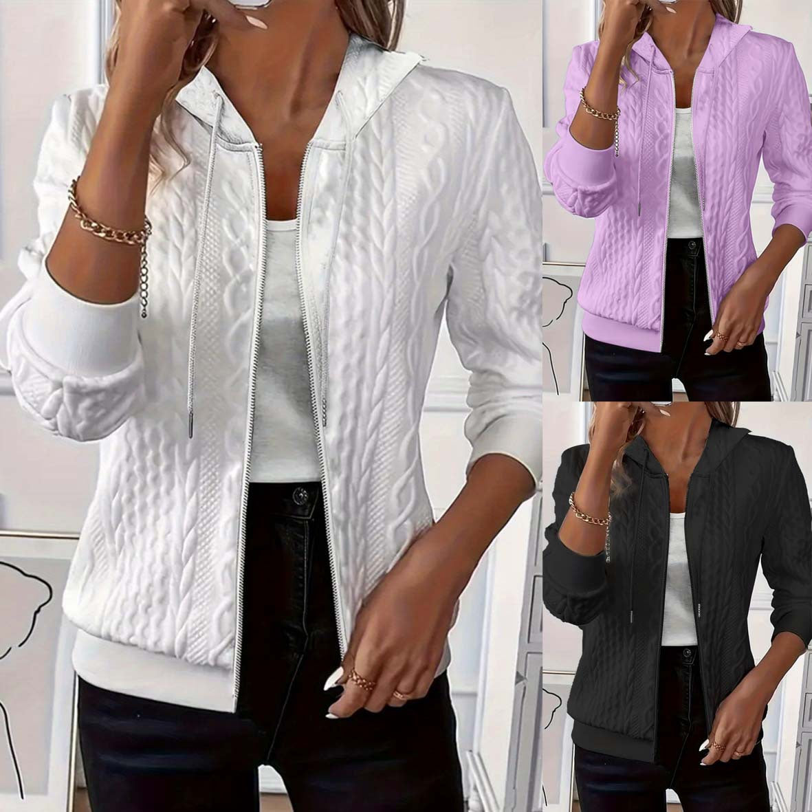 Women's Solid Color Long Sleeve Knitted Zipper Coats