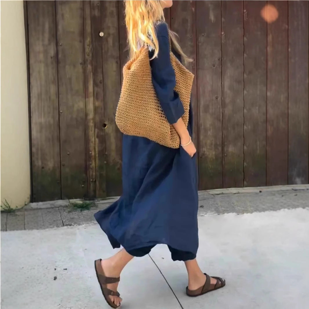 Women's Summer Pocket Set Solid Color Loose Suits