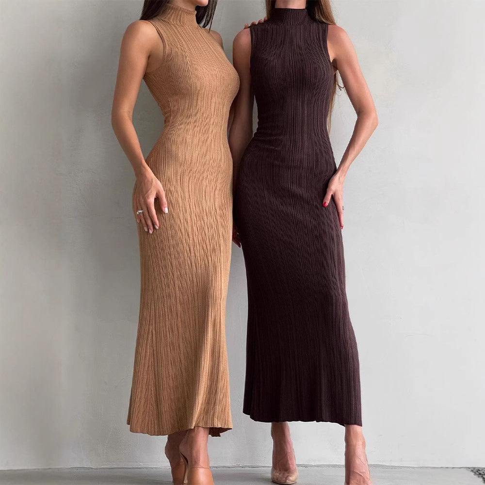 Knitted Turtleneck Sleeveless Tight Midi Elegant Skirts
