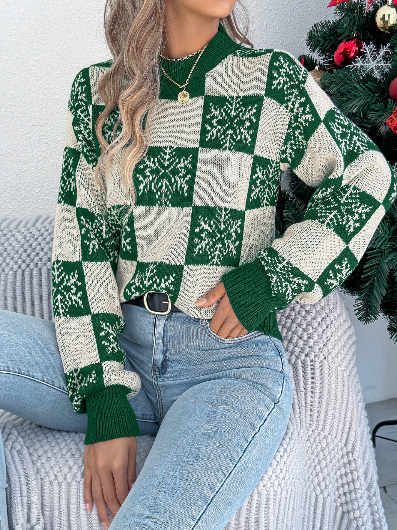 Women's Snowflake Plaid Lantern Long Sleeve Pullover Sweater